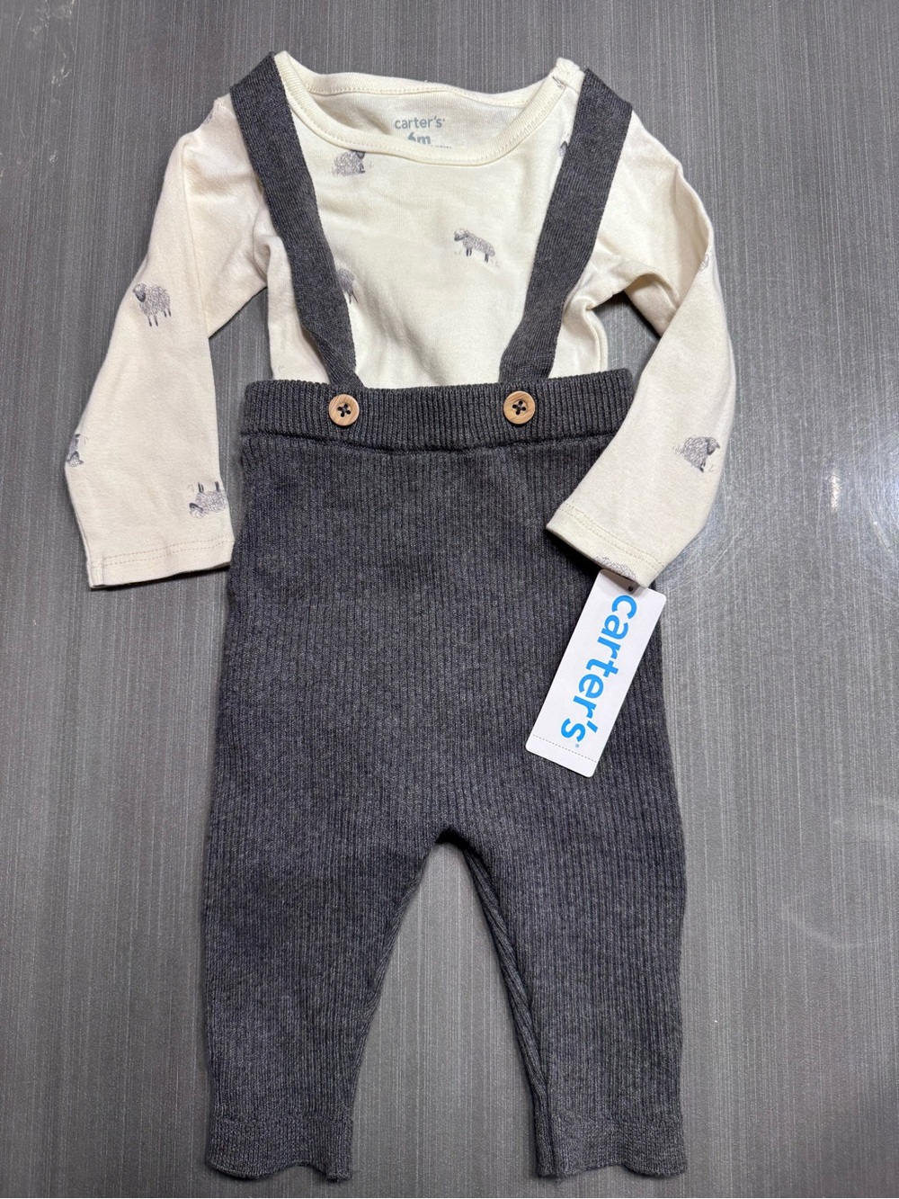 Carter's Cream Sheep Bodysuit with Charcoal Knit Suspender Overalls